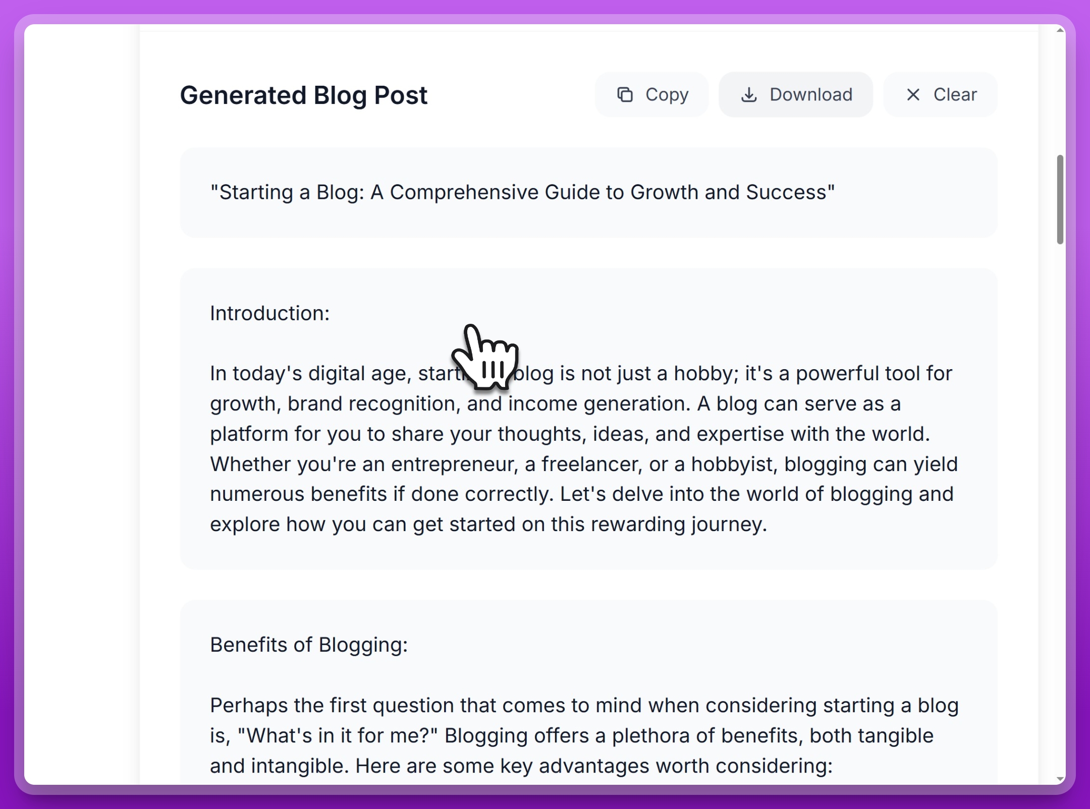 Step 5: Generate, review and download your completed AI-generated blog post